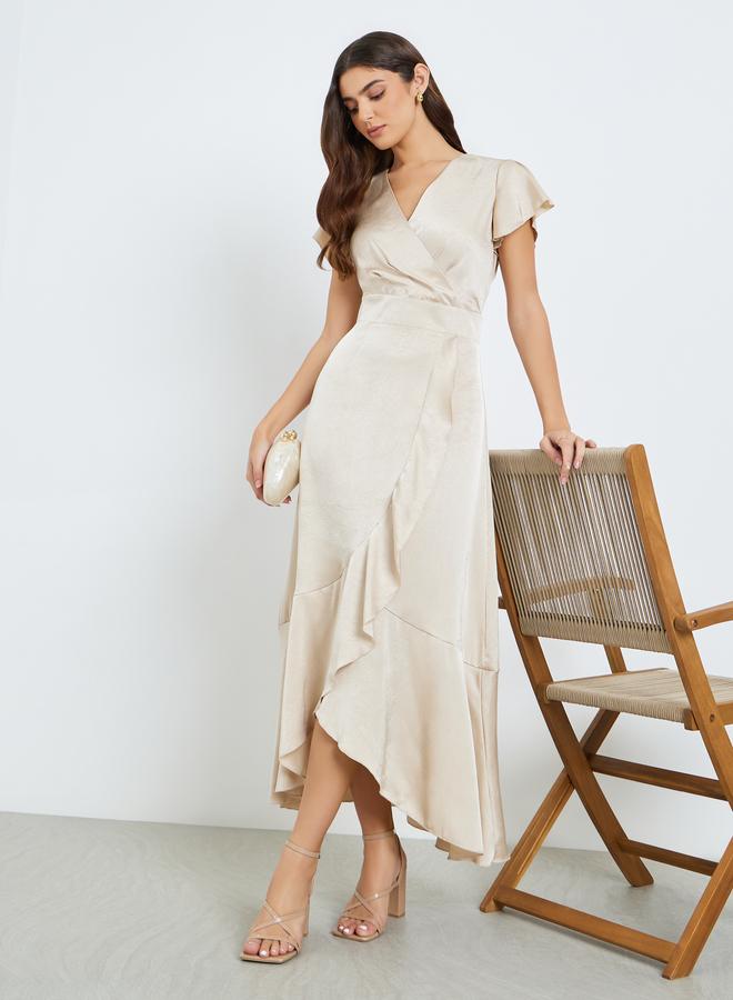 Styli Women Cream Satin Wrap Maxi Dress - Image 5